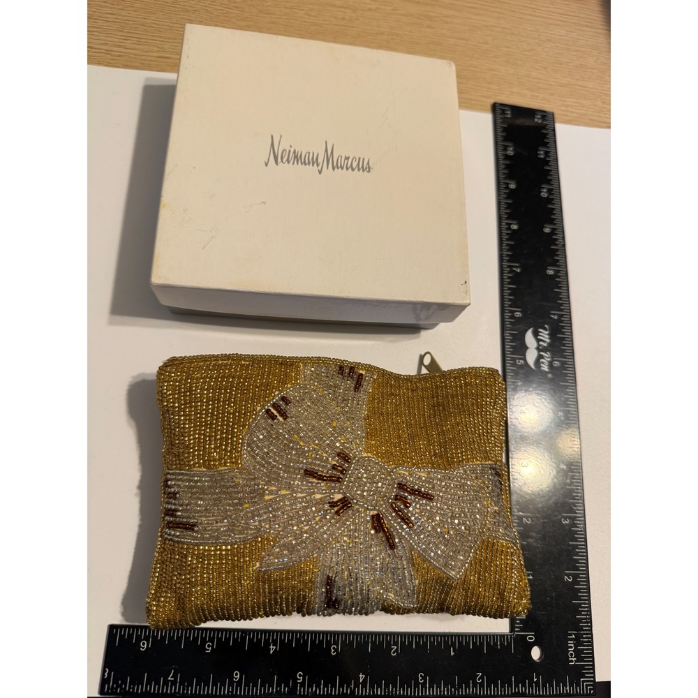 Neiman Marcus Gold Beaded Bow Coin Purse Small Clutch Evening Bag with Box